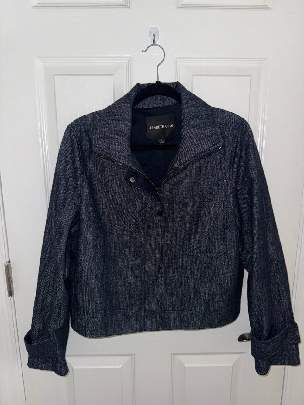 Kenneth Cole Indigo Twill Cropped Boxy Moto Jacket Dark Navy M